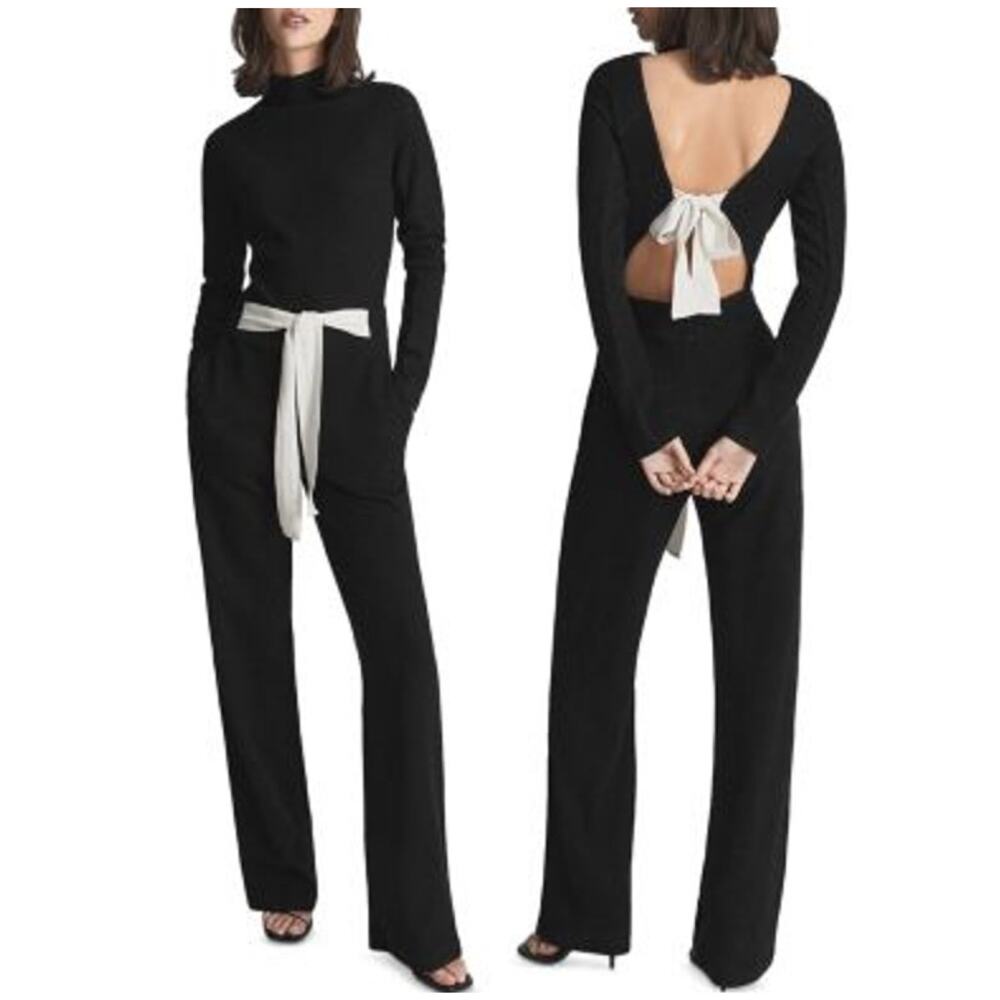 Reiss NWT Ada Bow Back Jumpsuit Black Gray Size 12 Open Back Tie Waist Pockets